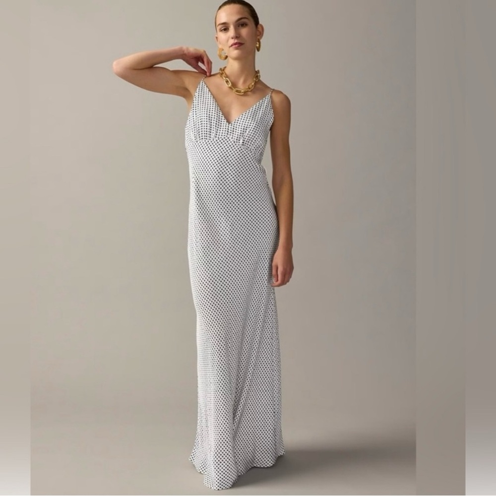 J. Crew Collection Full Length Luster Silky V-neck White Slip Dress Polka Dot‎ 4 - Picture 2 of 7
